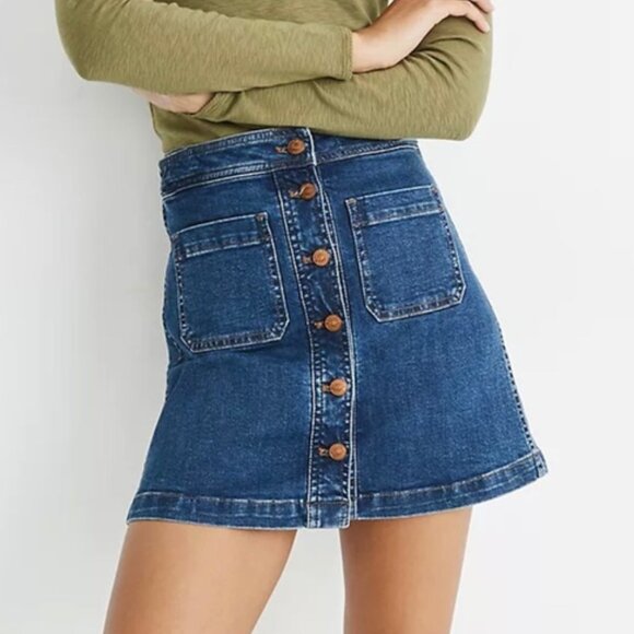 Madewell Stretch Denim A-Line Mini Skirt Dark Wash Patch Pockets Women's Size 8 - Picture 1 of 10